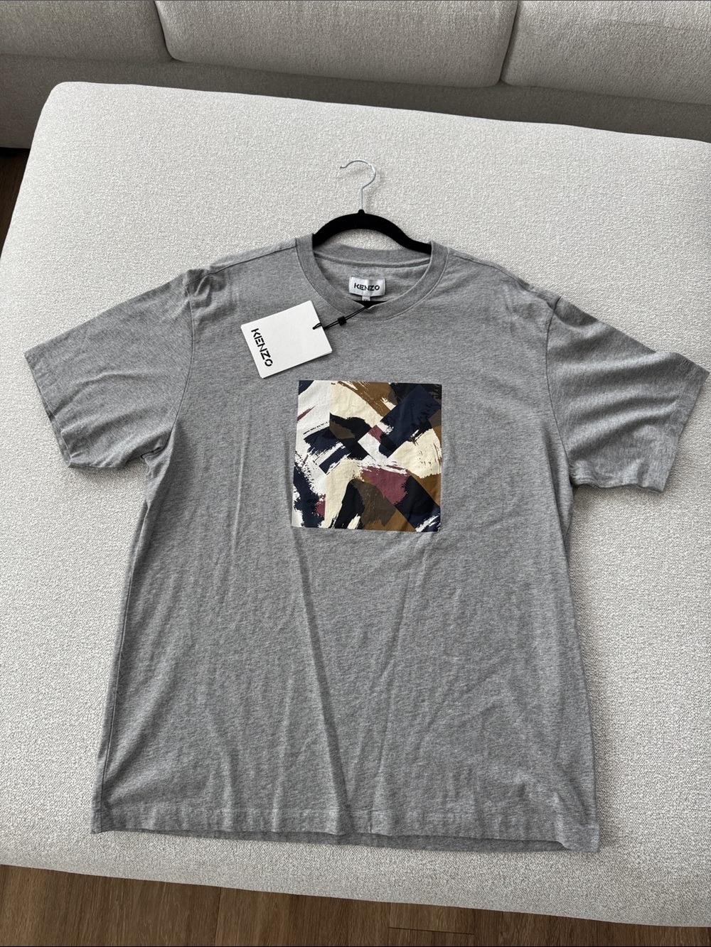 Kenzo Gray Short Sleeve Tee with Abstract Multicolor Chest Panel